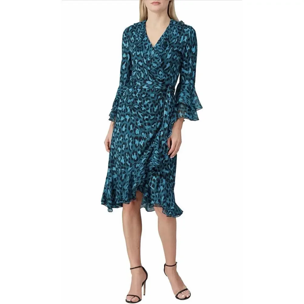 Diane Von Furstenberg DVF Carli Wrap Dress 2 Teal Leopard Silk Jersey NWT - Picture 3 of 12